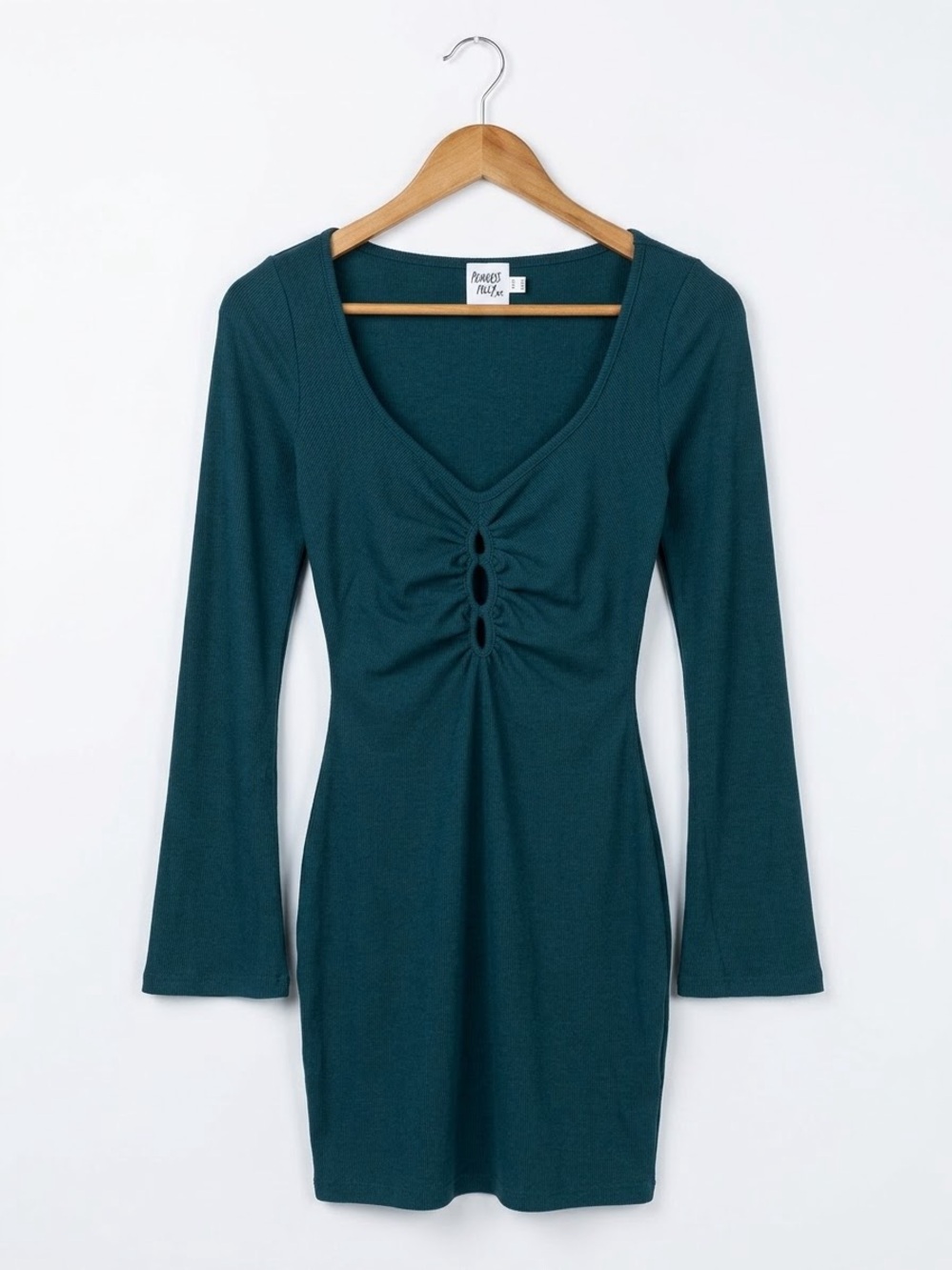 Princess Polly Teal Ribbed Ruched Cutout Bell Sleeve Mini Dress US 8 Y2K